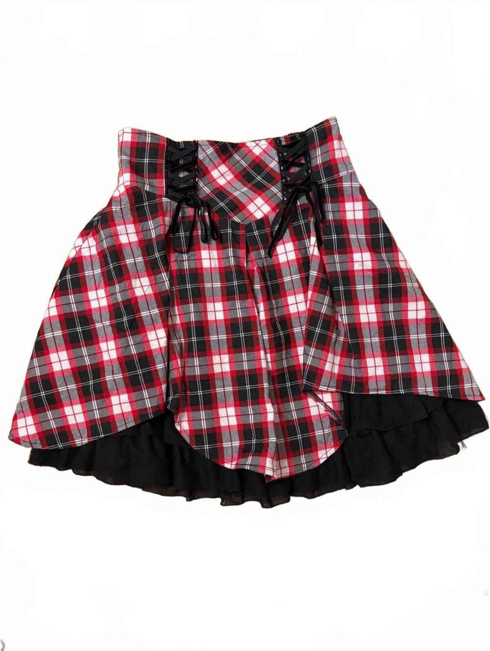 Secret Honey Womens Skater Skirt Size 2 Red/Black Plaid Lace-Up Tulle Hem